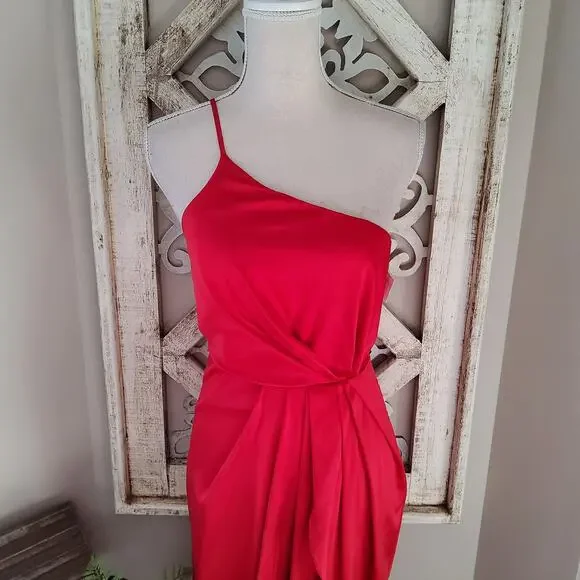 Lulu's Women's Law of Attraction Satin One-Shoulder Asymmetrical Midi Dress Red - Picture 2 of 12